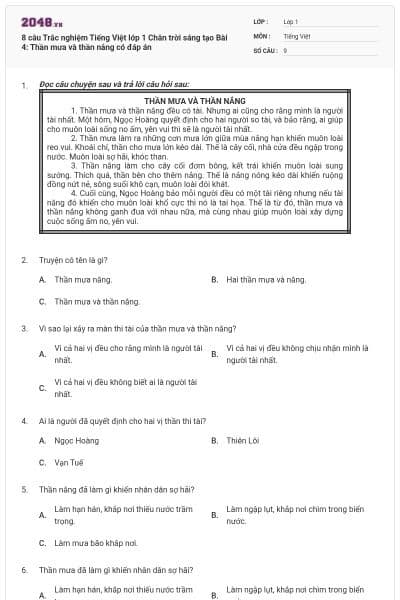 8 câu Trắc nghiệm Tiếng Việt lớp 1 Chân trời sáng tạo Bài 4: Thần mưa và thần nắng có đáp án