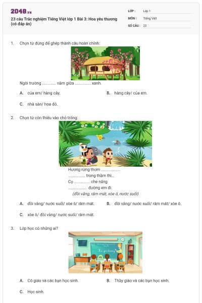 23 câu Trắc nghiệm Tiếng Việt lớp 1 Bài 3: Hoa yêu thương (có đáp án)