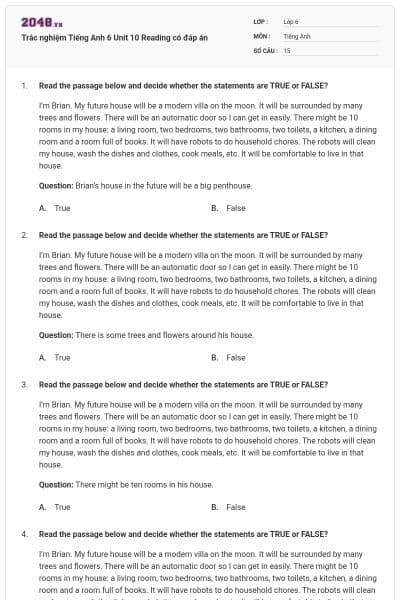 Trắc nghiệm Tiếng Anh 6 Unit 10 Reading có đáp án
