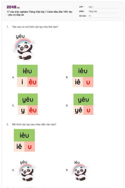 17 câu trắc nghiệm Tiếng Việt lớp 1 Cánh diều Bài 109: iêu - yêu có đáp án