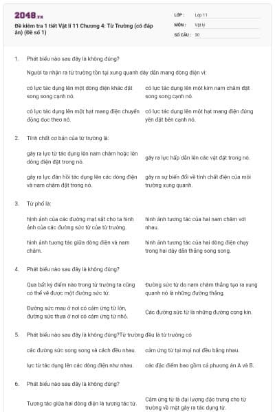 Đề kiêm tra 1 tiết Vật lí 11 Chương 4: Từ Trường (có đáp án) (Đề số 1)