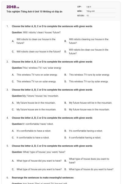 Trắc nghiệm Tiếng Anh 6 Unit 10 Writing có đáp án