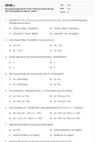 Đề cương ôn tập Giữa kì 2 Toán 7 Kết nối tri thức cấu trúc mới (Trắc nghiệm) có đáp án - Phần 1
