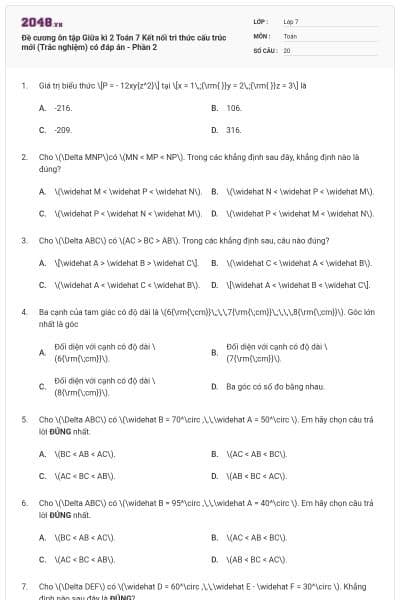 Đề cương ôn tập Giữa kì 2 Toán 7 Kết nối tri thức cấu trúc mới (Trắc nghiệm) có đáp án - Phần 2