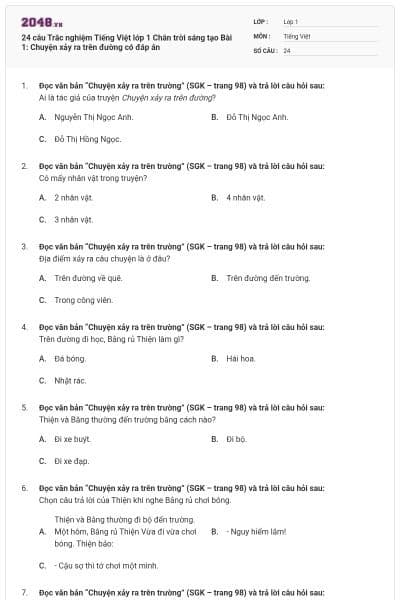 24 câu Trắc nghiệm Tiếng Việt lớp 1 Chân trời sáng tạo Bài 1: Chuyện xảy ra trên đường có đáp án