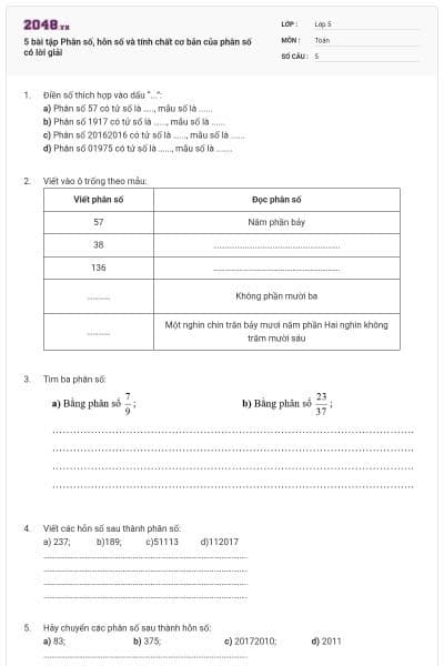 5 bài tập Phân số, hỗn số và tính chất cơ bản của phân số có lời giải