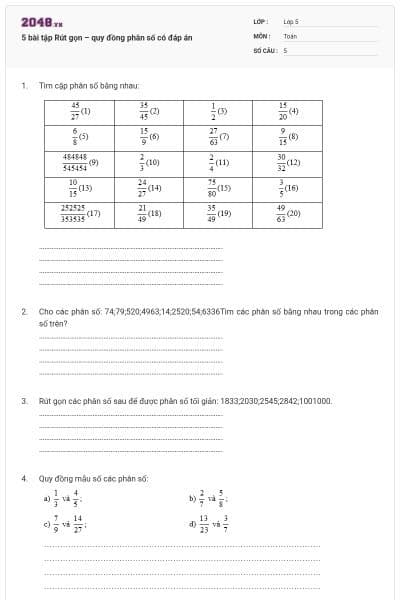 5 bài tập Rút gọn – quy đồng phân số có đáp án
