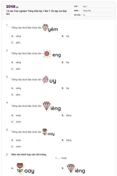 13 câu Trắc nghiệm Tiếng Việt lớp 1 Bài 7: Ôn tập (có đáp án)