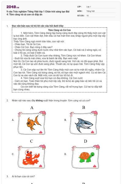 9 câu Trắc nghiệm Tiếng Việt lớp 1 Chân trời sáng tạo Bài 4: Tôm càng và cá con có đáp án