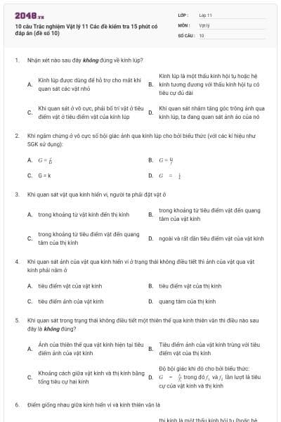 10 câu Trắc nghiệm Vật lý 11 Các đề kiểm tra 15 phút có đáp án (đề số 10)