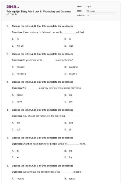 Trắc nghiệm Tiếng Anh 6 Unit 11 Vocabulary and Grammar có đáp án