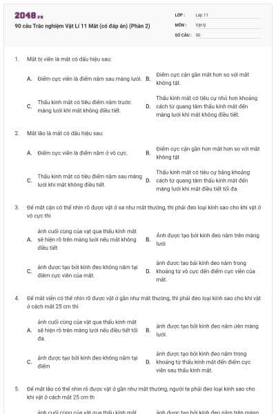 90 câu Trắc nghiệm Vật Lí 11 Mắt (có đáp án) (Phần 2)