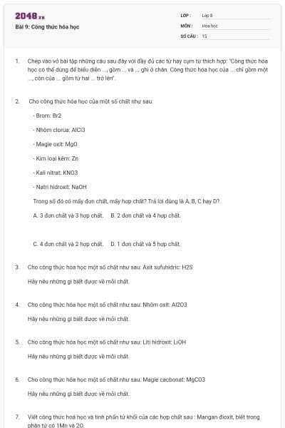 Bài 9: Công thức hóa học