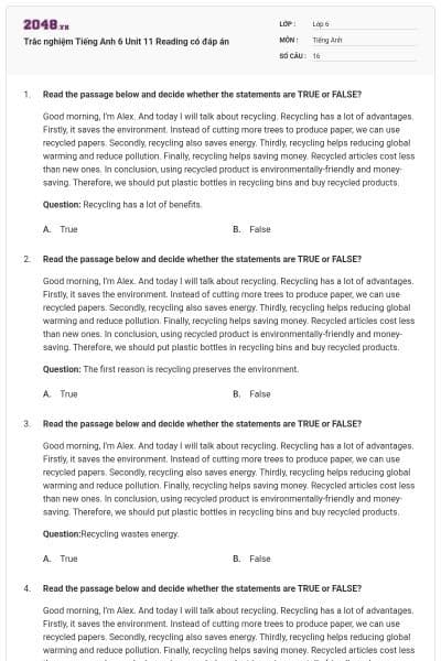 Trắc nghiệm Tiếng Anh 6 Unit 11 Reading có đáp án