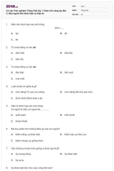 23 câu Trắc nghiệm Tiếng Việt lớp 1 Chân trời sáng tạo Bài 2: Mọi người đều khác biệt có đáp án