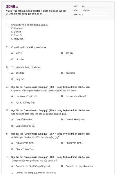 9 câu Trắc nghiệm Tiếng Việt lớp 1 Chân trời sáng tạo Bài 3: Ước mơ nào cũng quý có đáp án