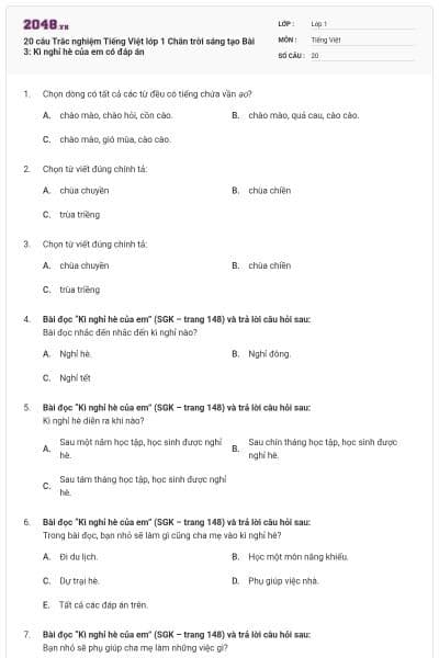 20 câu Trắc nghiệm Tiếng Việt lớp 1 Chân trời sáng tạo Bài 3: Kì nghỉ hè của em có đáp án