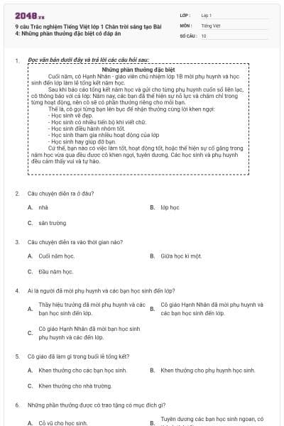 9 câu Trắc nghiệm Tiếng Việt lớp 1 Chân trời sáng tạo Bài 4: Những phần thưởng đặc biệt có đáp án
