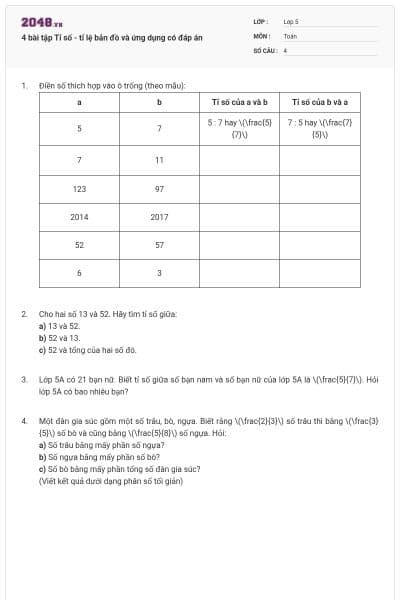 4 bài tập Tỉ số - tỉ lệ bản đồ và ứng dụng có đáp án