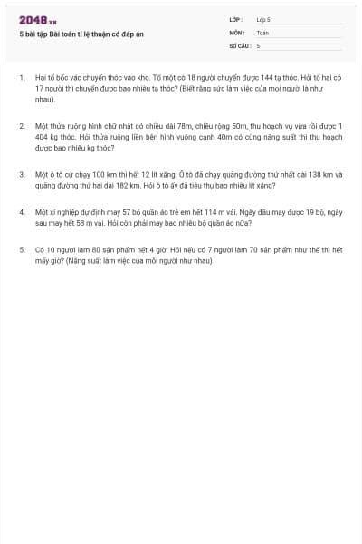 5 bài tập Bài toán tỉ lệ thuận có đáp án
