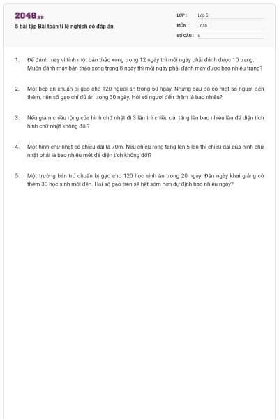 5 bài tập Bài toán tỉ lệ nghịch có đáp án