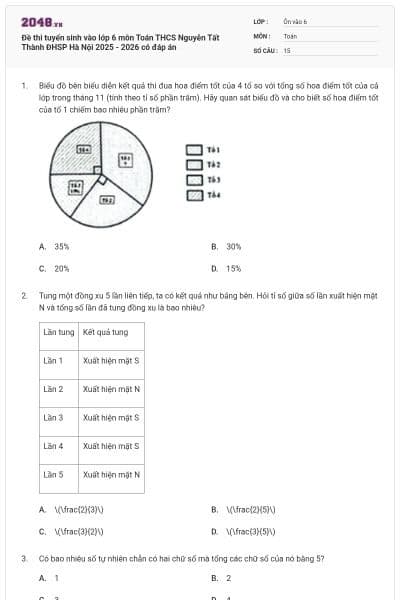 Đề thi tuyển sinh vào lớp 6 môn Toán THCS Nguyễn Tất Thành ĐHSP Hà Nội 2025 - 2026 có đáp án