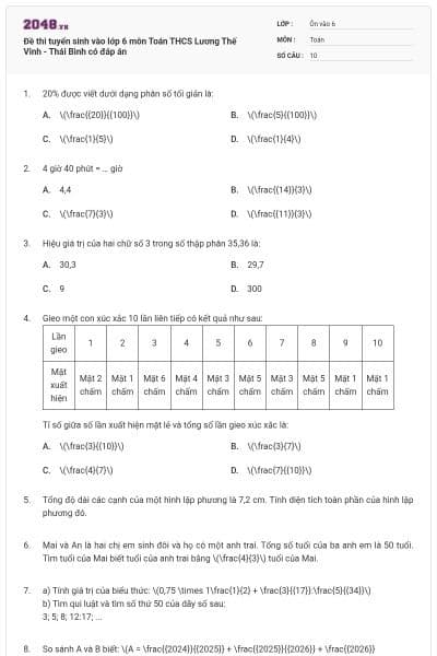 Đề thi tuyển sinh vào lớp 6 môn Toán THCS Lương Thế Vinh - Thái Bình có đáp án