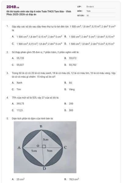 Đề thi tuyển sinh vào lớp 6 môn Toán THCS Tam Đảo - Vĩnh Phúc 2025-2026 có đáp án