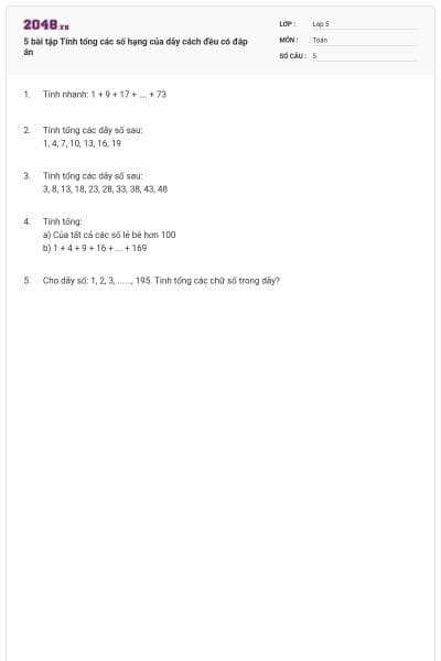 5 bài tập Tính tổng các số hạng của dãy cách đều có đáp án