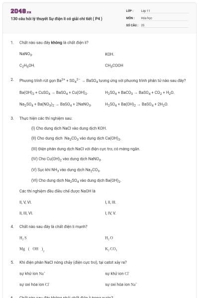 130 câu hỏi lý thuyết Sự điện li có giải chi tiết ( P4 )
