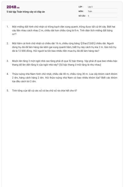 5 bài tập Toán trồng cây có đáp án