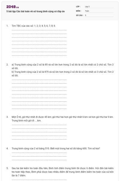 5 bài tập Các bài toán về số trung bình cộng có đáp án