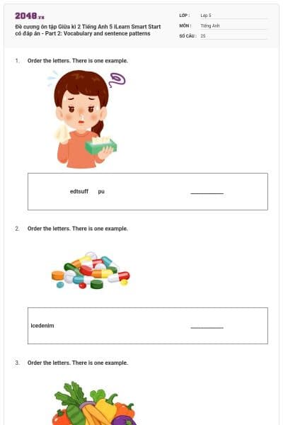 Đề cương ôn tập Giữa kì 2 Tiếng Anh 5 iLearn Smart Start có đáp án - Part 2: Vocabulary and sentence patterns