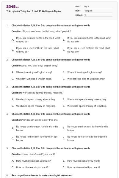 Trắc nghiệm Tiếng Anh 6 Unit 11 Writing có đáp án