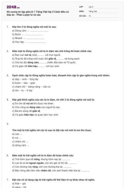 Đề cương ôn tập giữa kì 1 Tiếng Việt lớp 5 Cánh diều có đáp án - Phần Luyện từ và câu