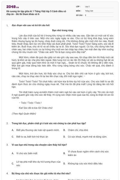 Đề cương ôn tập giữa kì 1 Tiếng Việt lớp 5 Cánh diều có đáp án - Đề thi tham khảo số 6