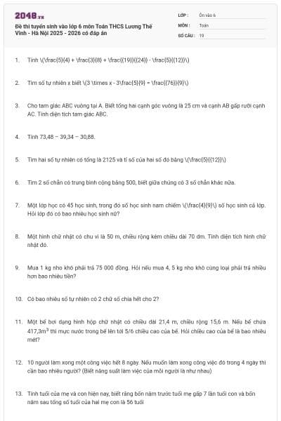 Đề thi tuyển sinh vào lớp 6 môn Toán THCS Lương Thế Vinh - Hà Nội 2025 - 2026 có đáp án