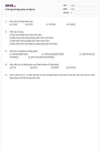5 bài tập Số thập phân có đáp án