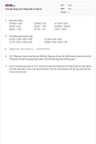 5 bài tập Cộng, trừ số thập phân có đáp án