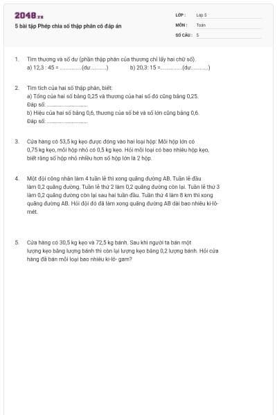 5 bài tập Phép chia số thập phân có đáp án