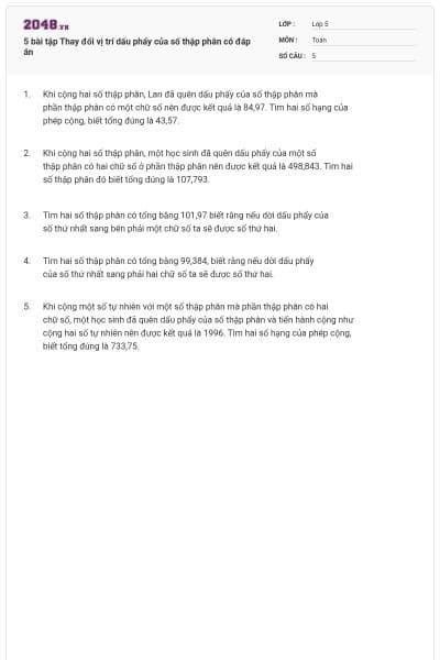 5 bài tập Thay đổi vị trí dấu phẩy của số thập phân có đáp án