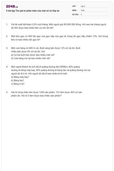 5 bài tập Tìm giá trị phần trăm của một số có đáp án