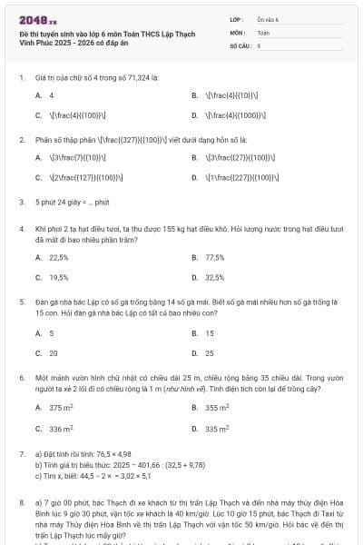 Đề thi tuyển sinh vào lớp 6 môn Toán THCS Lập Thạch Vĩnh Phúc 2025 - 2026 có đáp án