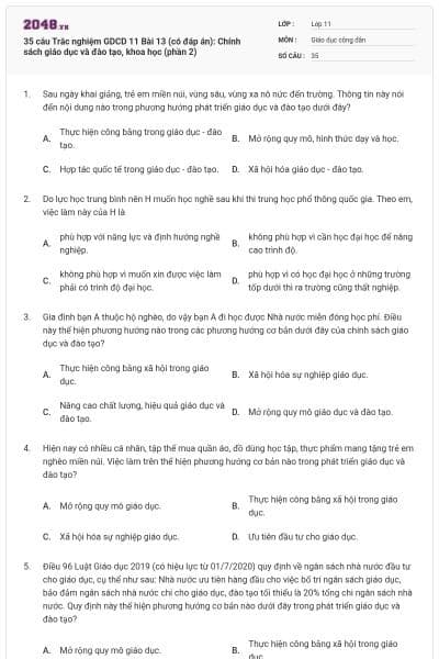 35 câu Trắc nghiệm GDCD 11 Bài 13 (có đáp án): Chính sách giáo dục và đào tạo, khoa học (phần 2)