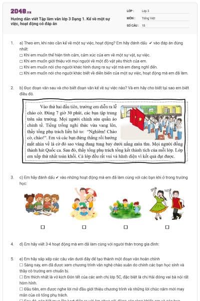 Hướng dẫn viết Tập làm văn lớp 3 Dạng 1. Kể về một sự việc, hoạt động có đáp án