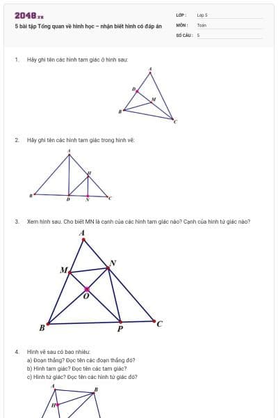 5 bài tập Tổng quan về hình học – nhận biết hình có đáp án
