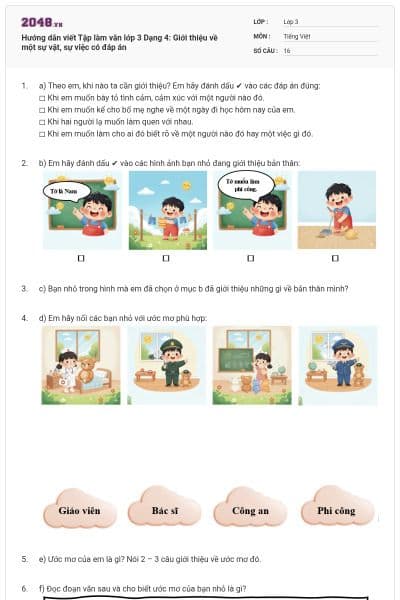 Hướng dẫn viết Tập làm văn lớp 3 Dạng 4: Giới thiệu về một sự vật, sự việc có đáp án