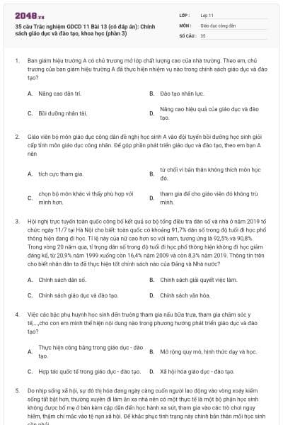 35 câu Trắc nghiệm GDCD 11 Bài 13 (có đáp án): Chính sách giáo dục và đào tạo, khoa học (phần 3)