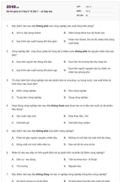 Đề thi giữa kì 2 Địa lí 10 (Đề 1 - có đáp án)