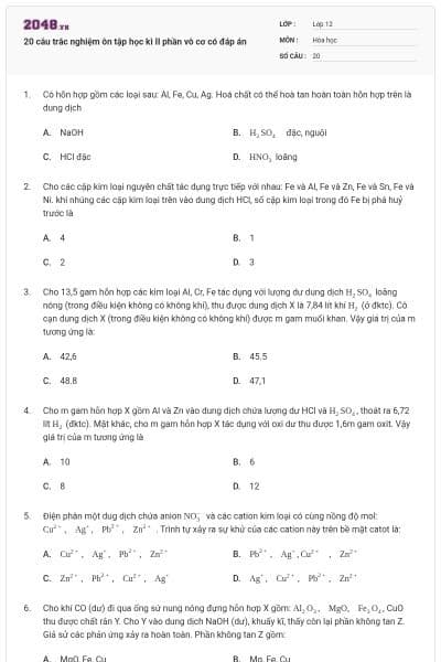 20 câu trắc nghiệm ôn tập học kì II phần vô cơ có đáp án